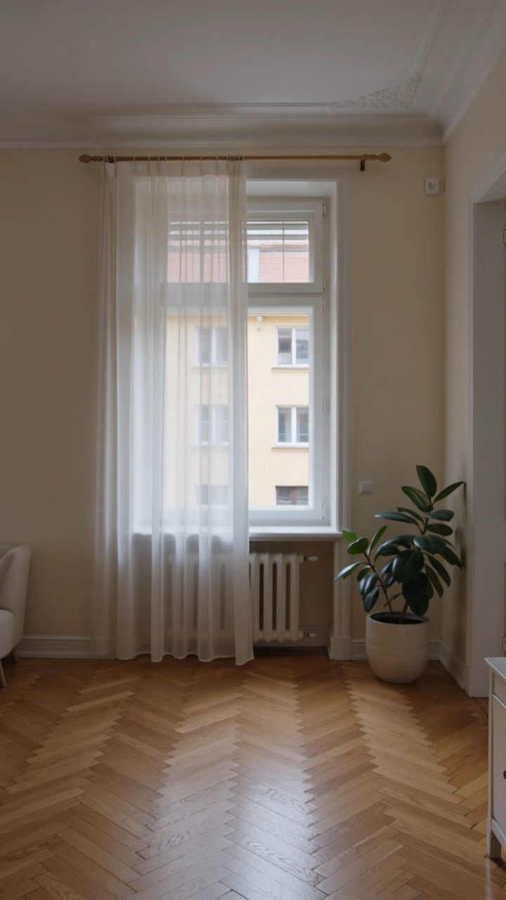 Salon z jodełkowym parkietem w porannym świetle, urządzenie oparte o ścianę